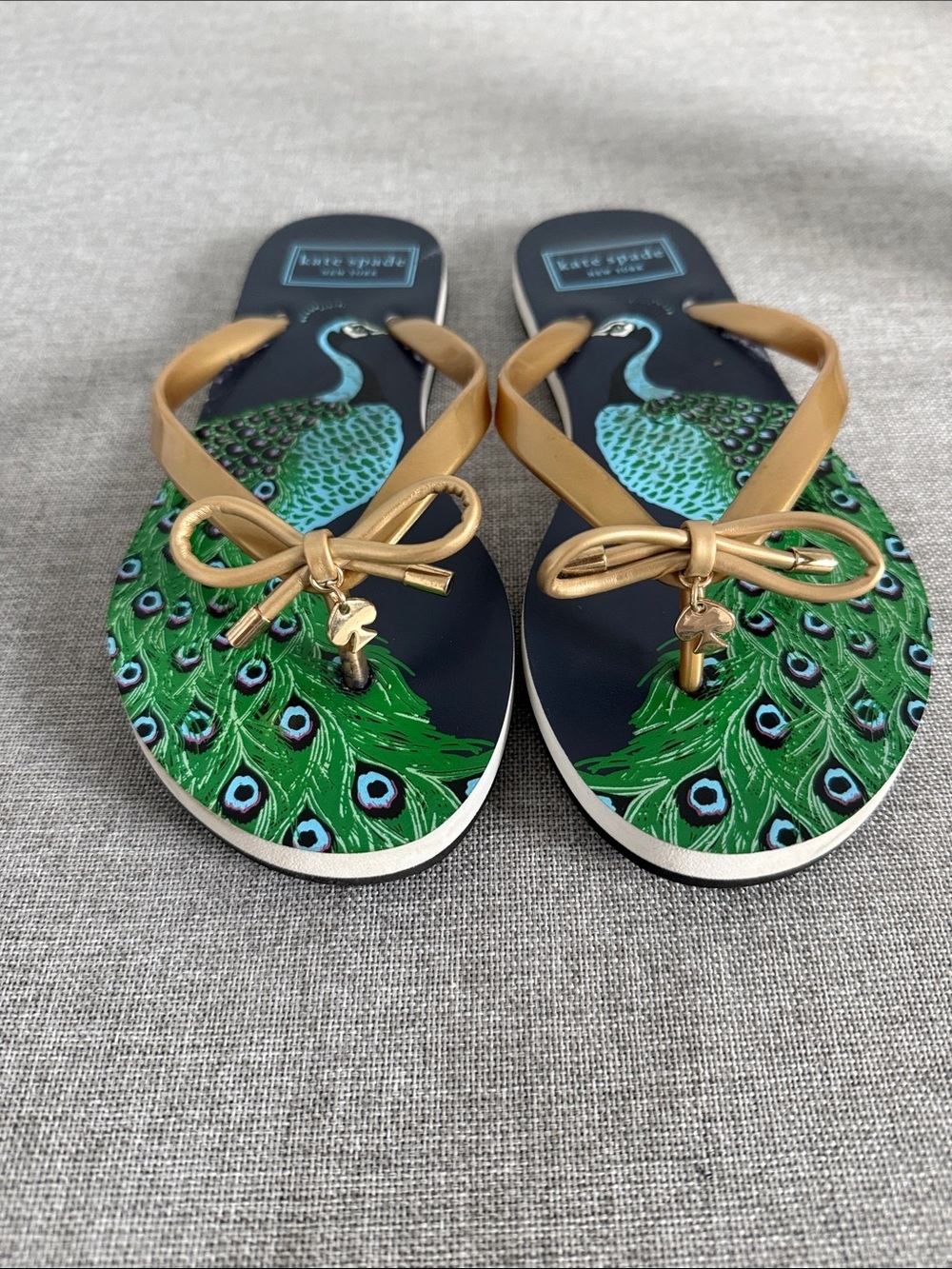 kate spade navy sandals with gold straps and green peacock print - Picture 2 of 8